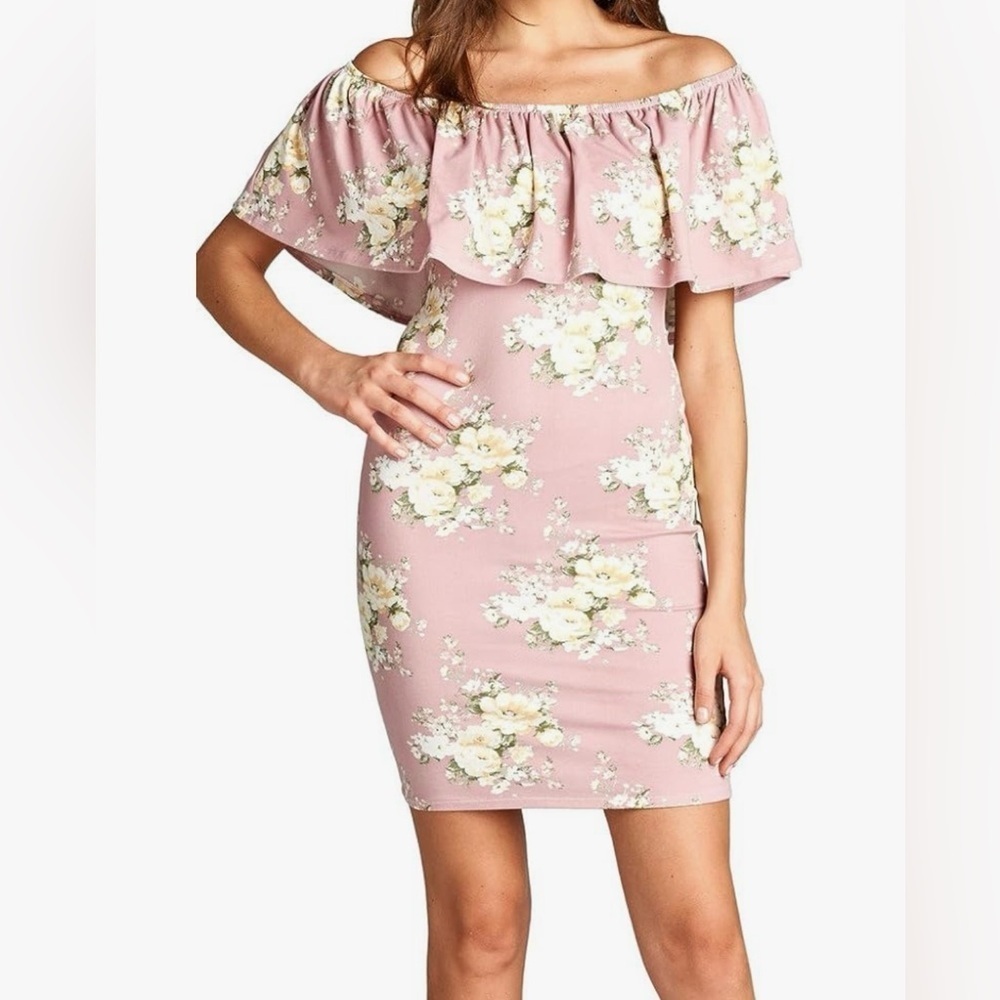 Loving People Floral Print Ruffled Off Shoulder Bodycon Dress Size Small